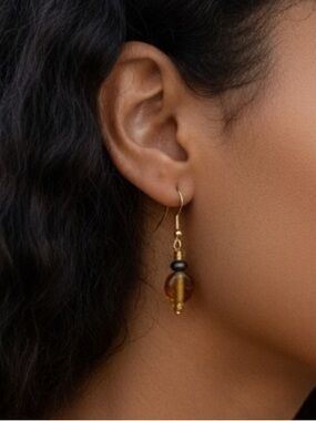 Handcrafted Glass Lampwork Bead Earrings | Amber Brown And Stone Handmade